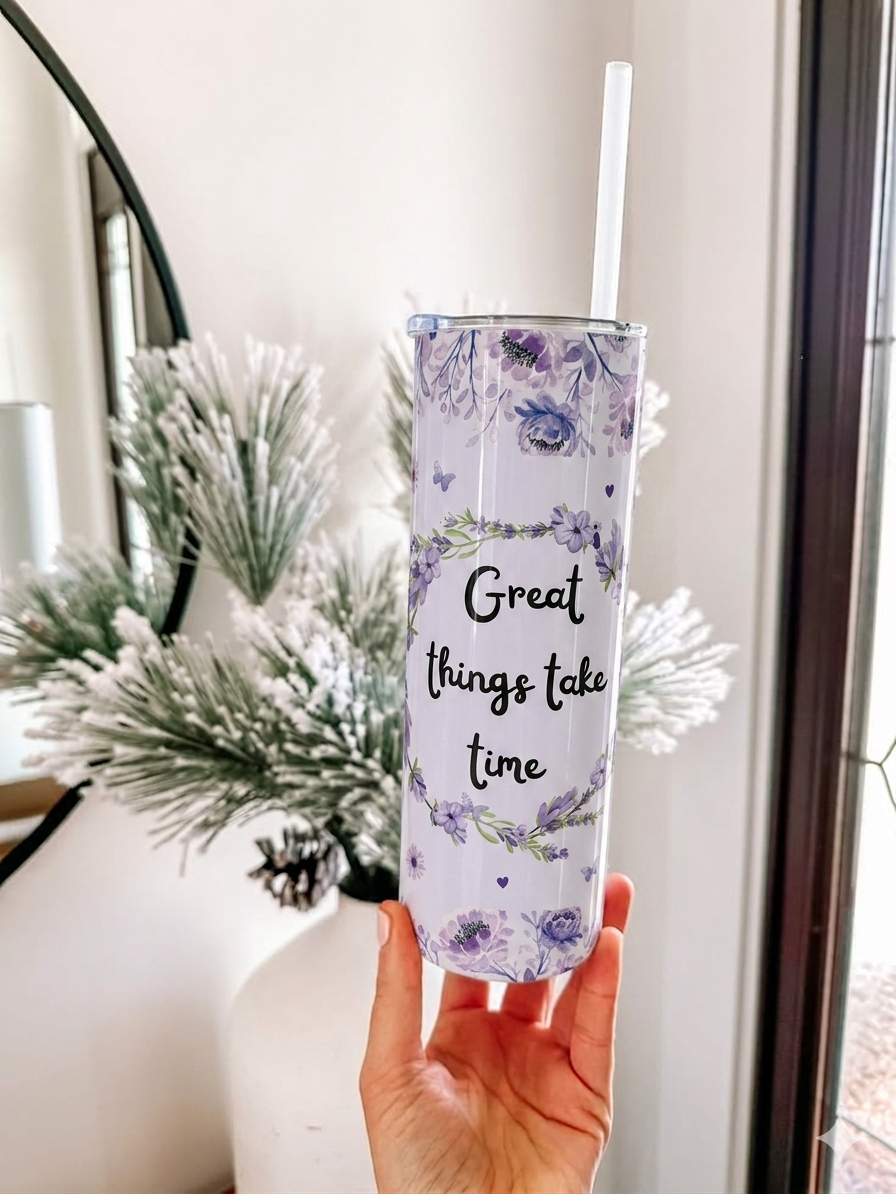 20oz Floral Stainless Tumbler — "Great Things Take Time" Insulated Travel Cup
