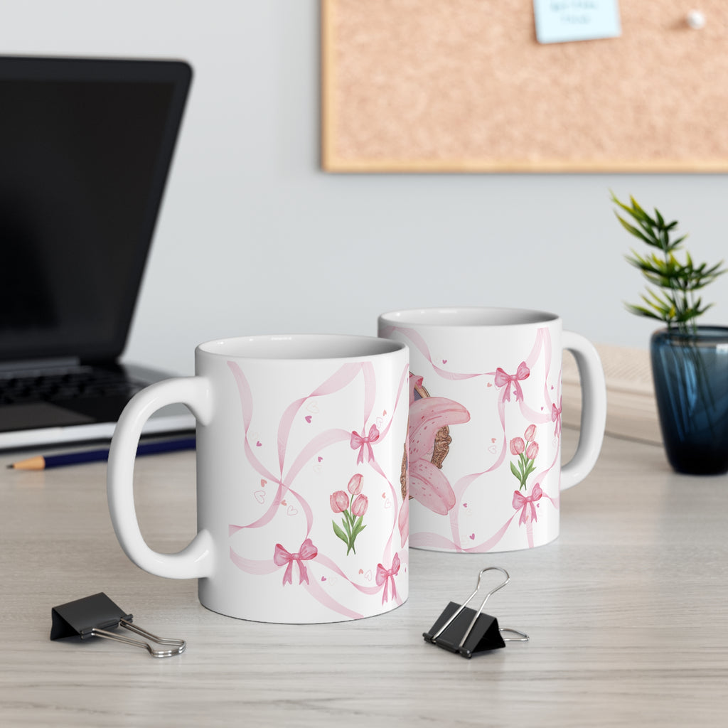 Pink Lily Floral Mug – Elegant Ribbon & Bow Ceramic Coffee Cup (11 oz)