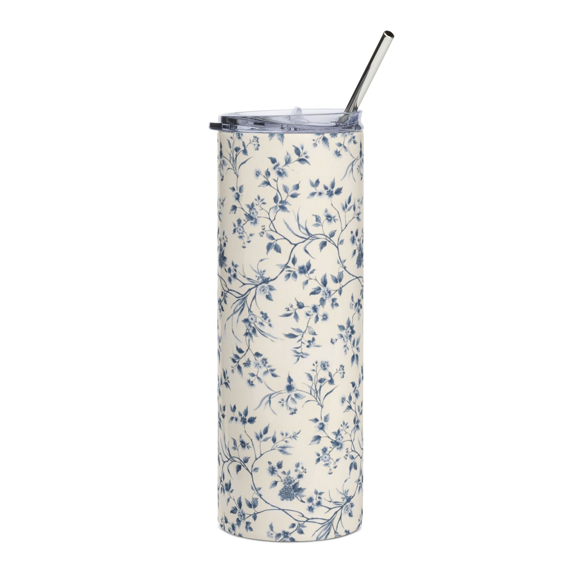 20oz Floral Stainless Tumbler — Blue Vintage Blossom Travel Cup