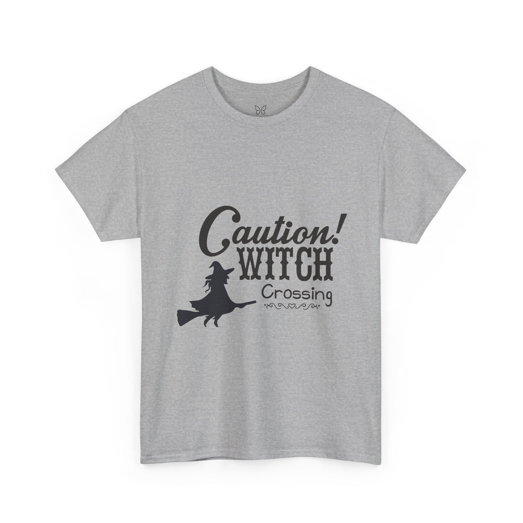 Caution Witch Crossing Tee, Unisex Graphic Cotton T-Shirt for Halloween, Spooky Season, Witch Lovers, Gift Idea, Casual Wear