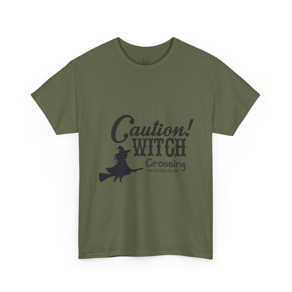 Caution Witch Crossing Tee, Unisex Graphic Cotton T-Shirt for Halloween, Spooky Season, Witch Lovers, Gift Idea, Casual Wear