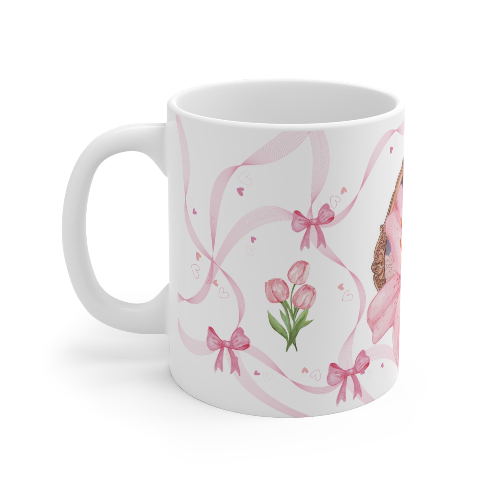 Pink Lily Floral Mug – Elegant Ribbon & Bow Ceramic Coffee Cup (11 oz)
