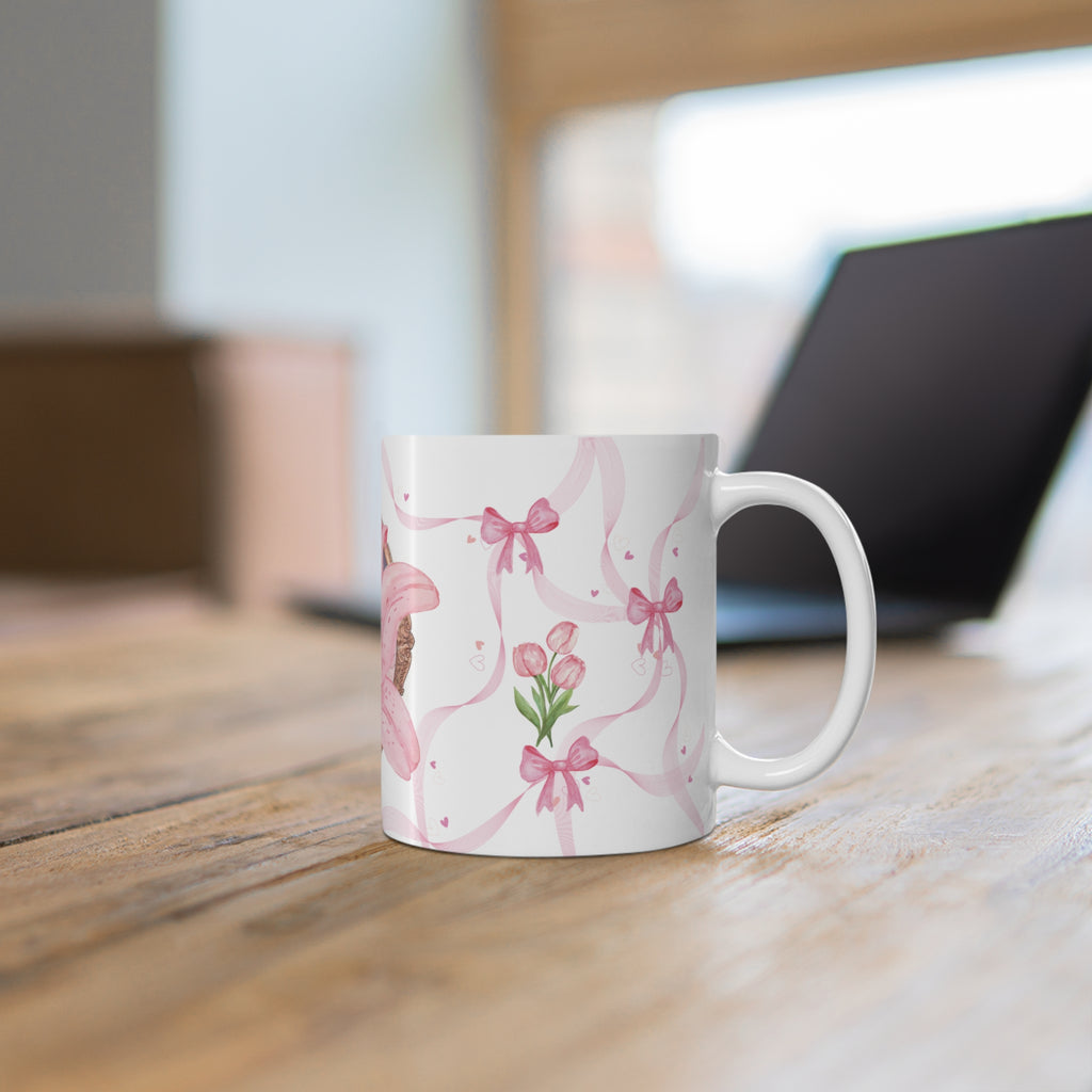 Pink Lily Floral Mug – Elegant Ribbon & Bow Ceramic Coffee Cup (11 oz)