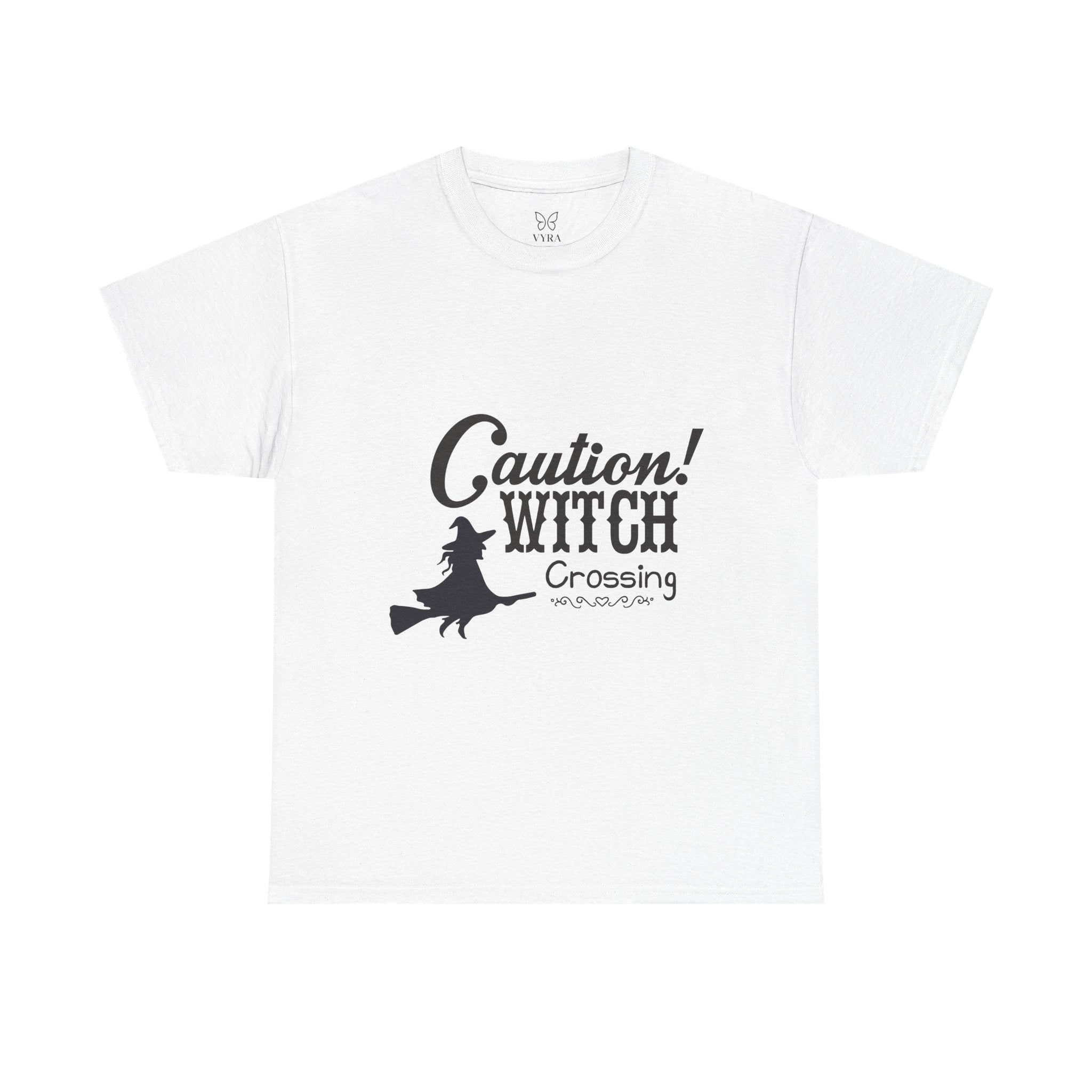 Caution Witch Crossing Tee, Unisex Graphic Cotton T-Shirt for Halloween, Spooky Season, Witch Lovers, Gift Idea, Casual Wear