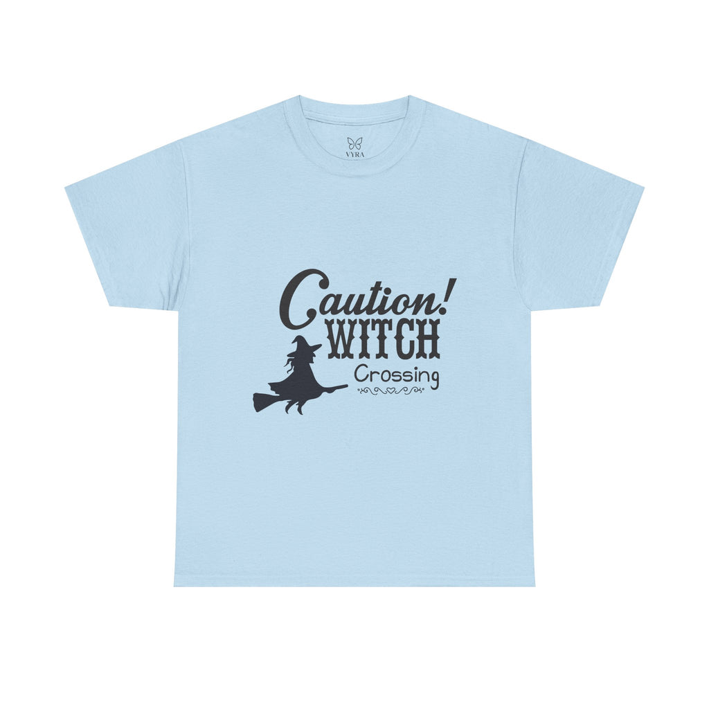 Caution Witch Crossing Tee, Unisex Graphic Cotton T-Shirt for Halloween, Spooky Season, Witch Lovers, Gift Idea, Casual Wear