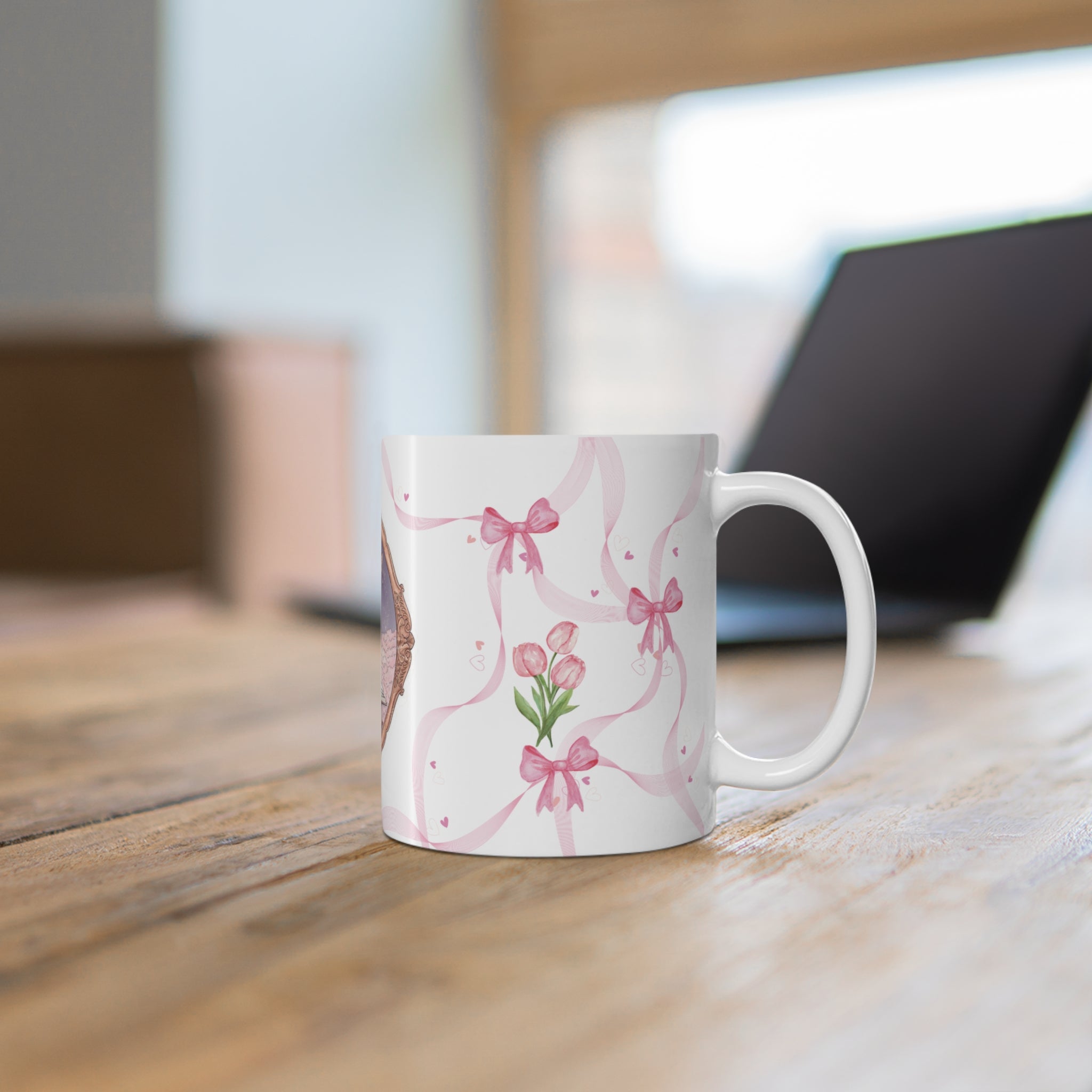Fairytale Castle 11oz Ceramic Mug — Pink Ribbon & Tulip Storybook Design