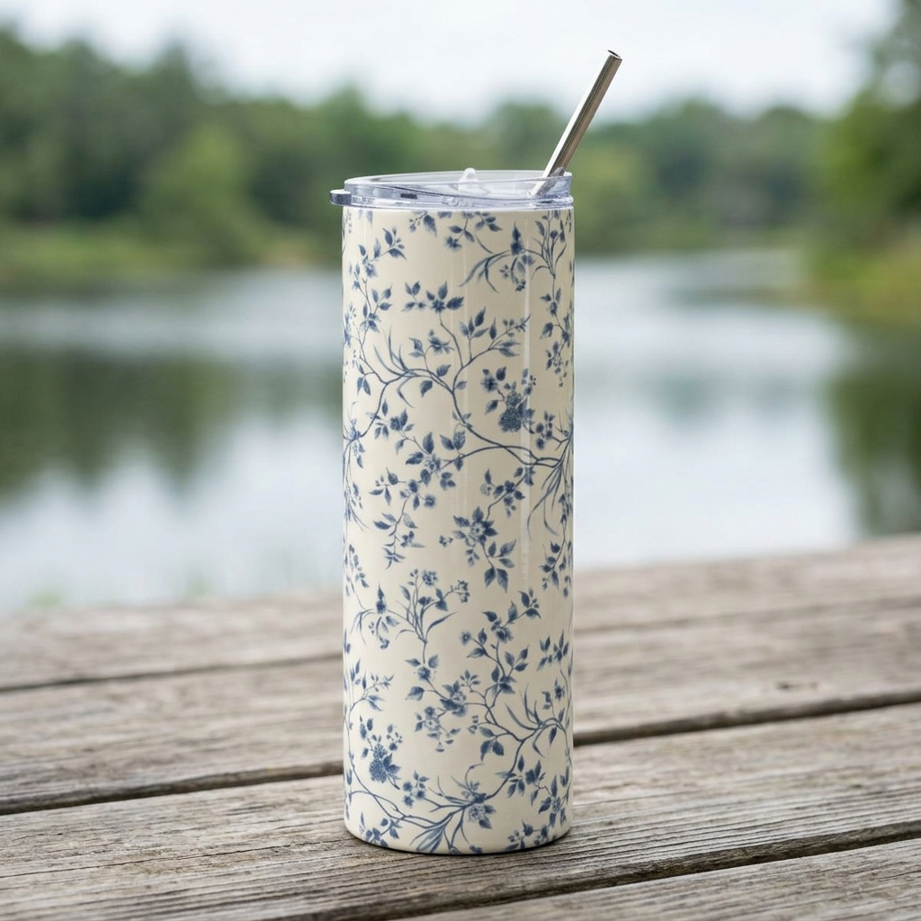 20oz Floral Stainless Tumbler — Blue Vintage Blossom Travel Cup
