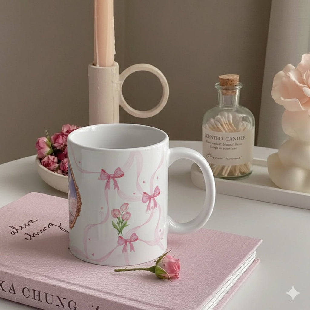 Fairytale Castle 11oz Ceramic Mug — Pink Ribbon & Tulip Storybook Design