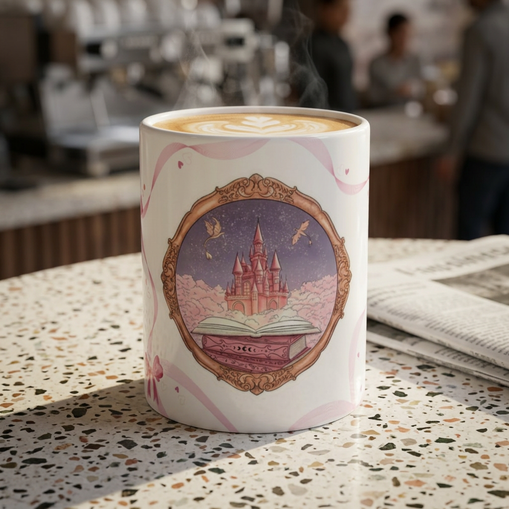 Fairytale Castle 11oz Ceramic Mug — Pink Ribbon & Tulip Storybook Design
