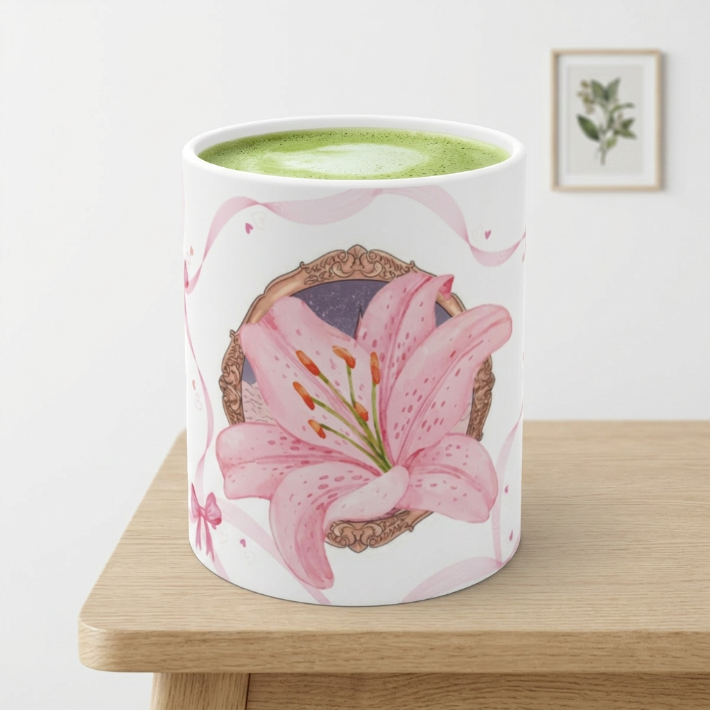Pink Lily Floral Mug – Elegant Ribbon & Bow Ceramic Coffee Cup (11 oz)