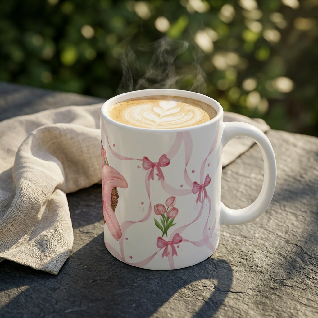 Pink Lily Floral Mug – Elegant Ribbon & Bow Ceramic Coffee Cup (11 oz)