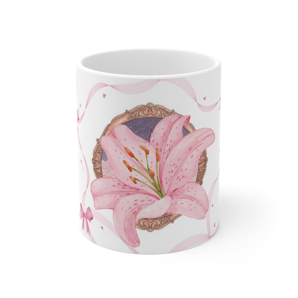 Pink Lily Floral Mug – Elegant Ribbon & Bow Ceramic Coffee Cup (11 oz)