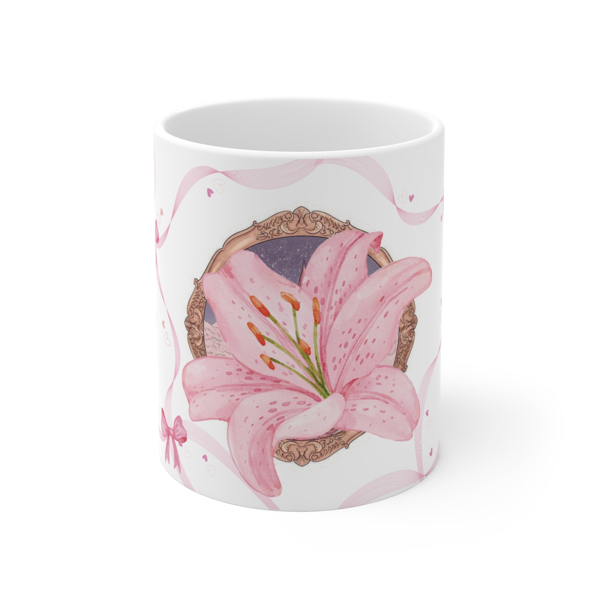 Pink Lily Floral Mug – Elegant Ribbon & Bow Ceramic Coffee Cup (11 oz)