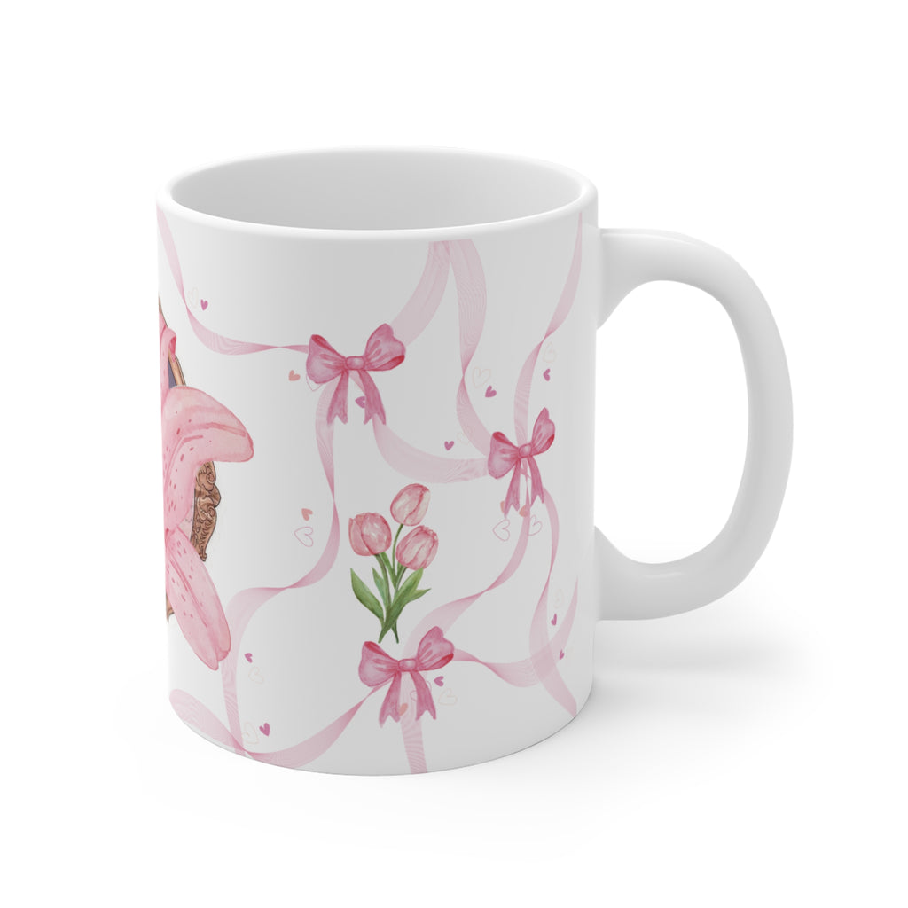 Pink Lily Floral Mug – Elegant Ribbon & Bow Ceramic Coffee Cup (11 oz)