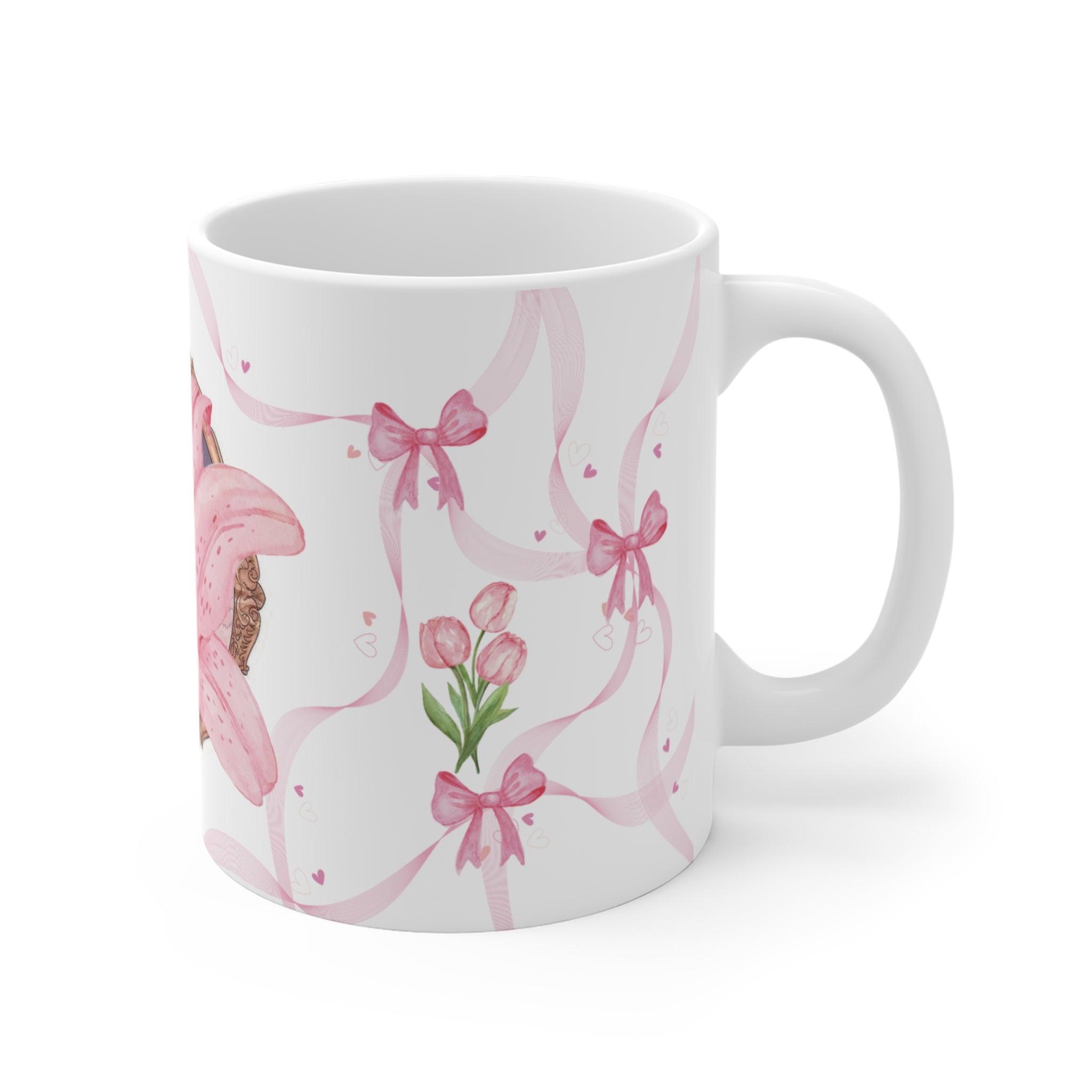 Pink Lily Floral Mug – Elegant Ribbon & Bow Ceramic Coffee Cup (11 oz)