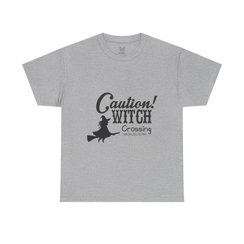 Caution Witch Crossing Tee, Unisex Graphic Cotton T-Shirt for Halloween, Spooky Season, Witch Lovers, Gift Idea, Casual Wear