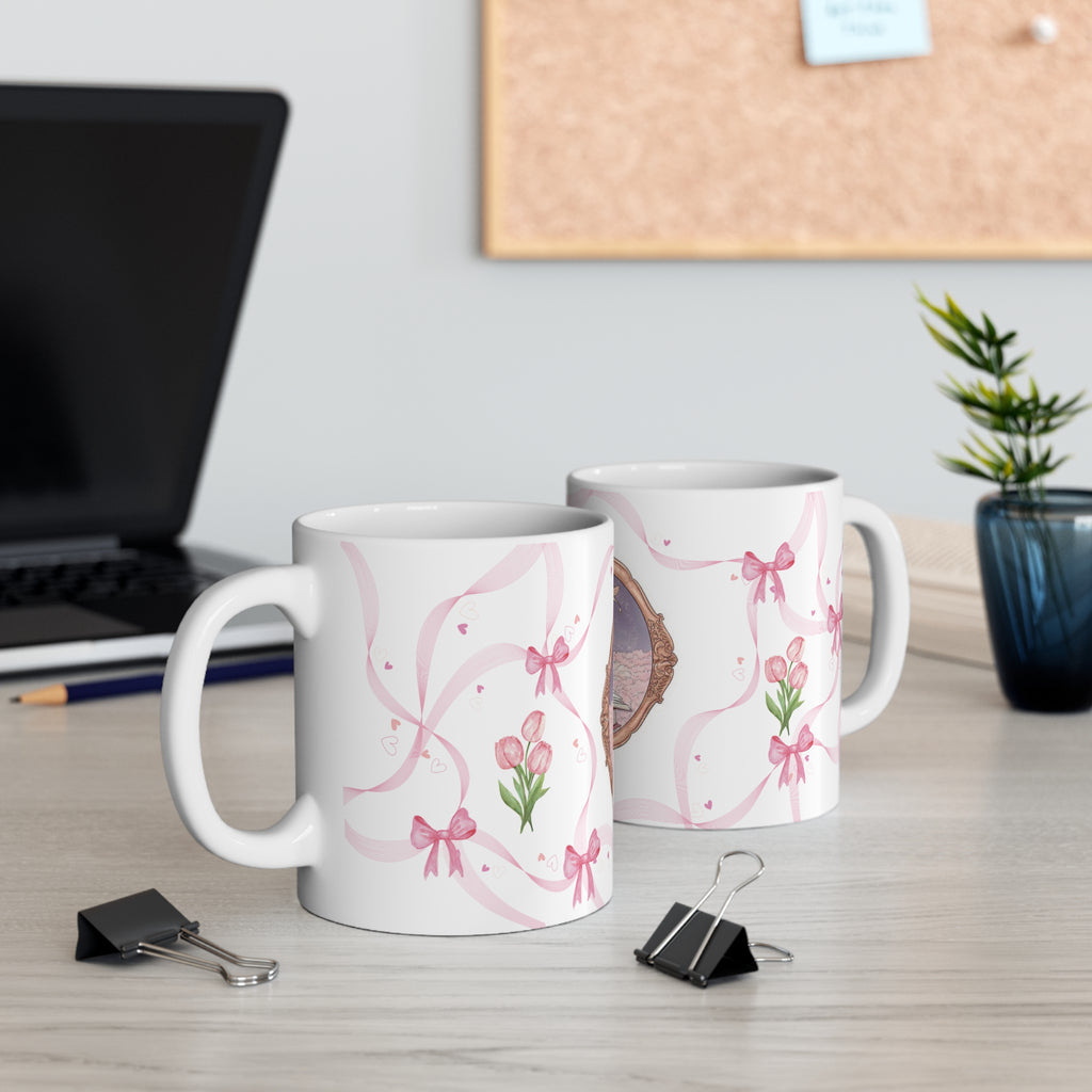 Fairytale Castle 11oz Ceramic Mug — Pink Ribbon & Tulip Storybook Design