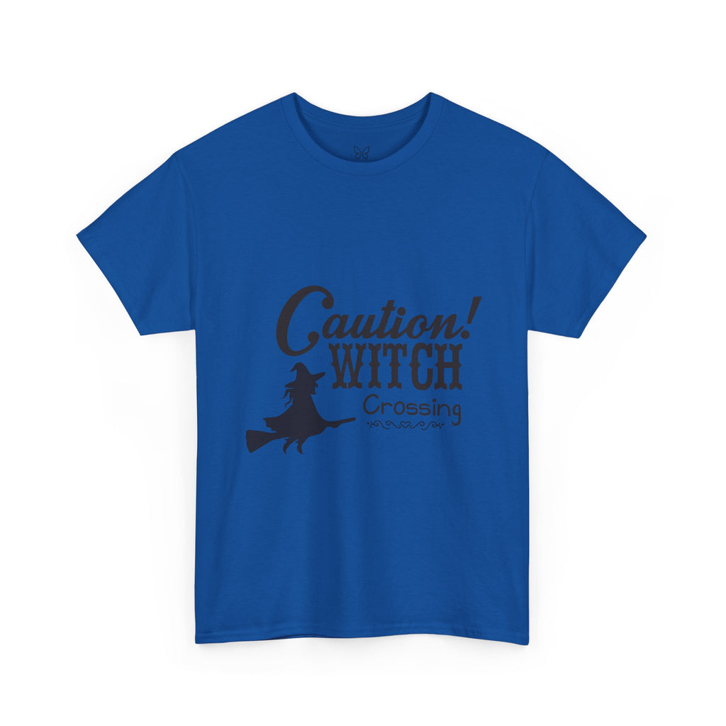 Caution Witch Crossing Tee, Unisex Graphic Cotton T-Shirt for Halloween, Spooky Season, Witch Lovers, Gift Idea, Casual Wear