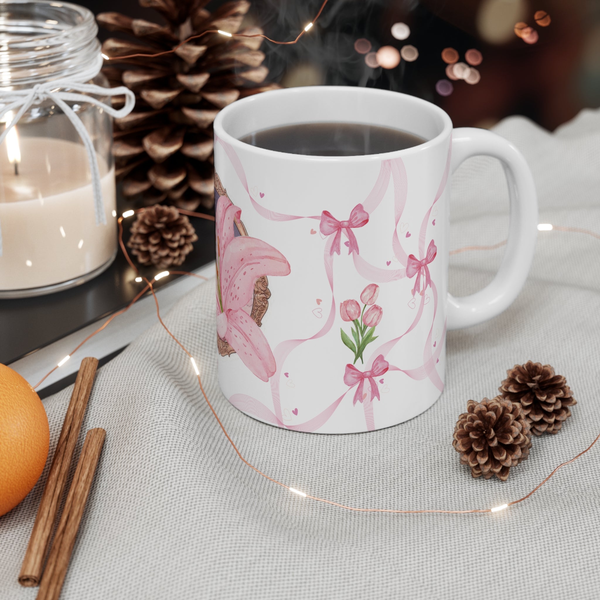 Pink Lily Floral Mug – Elegant Ribbon & Bow Ceramic Coffee Cup (11 oz)